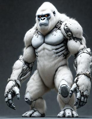 The primary subject of the image is a large, white, robotic gorilla with a menacing expression. The robotic gorilla is standing in a gray environment, which serves as the background. The visual style of the image is digital art, as it appears to be a computer-generated or digitally rendered creation. The dominant colors in the image are white and gray, giving the robotic gorilla a futuristic and intimidating appearance.